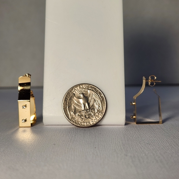 Rare Mid 80s 14K Gold Modernist Geometric Hoop & Diamond Stud Earrings 3.30g - Picture 15 of 16